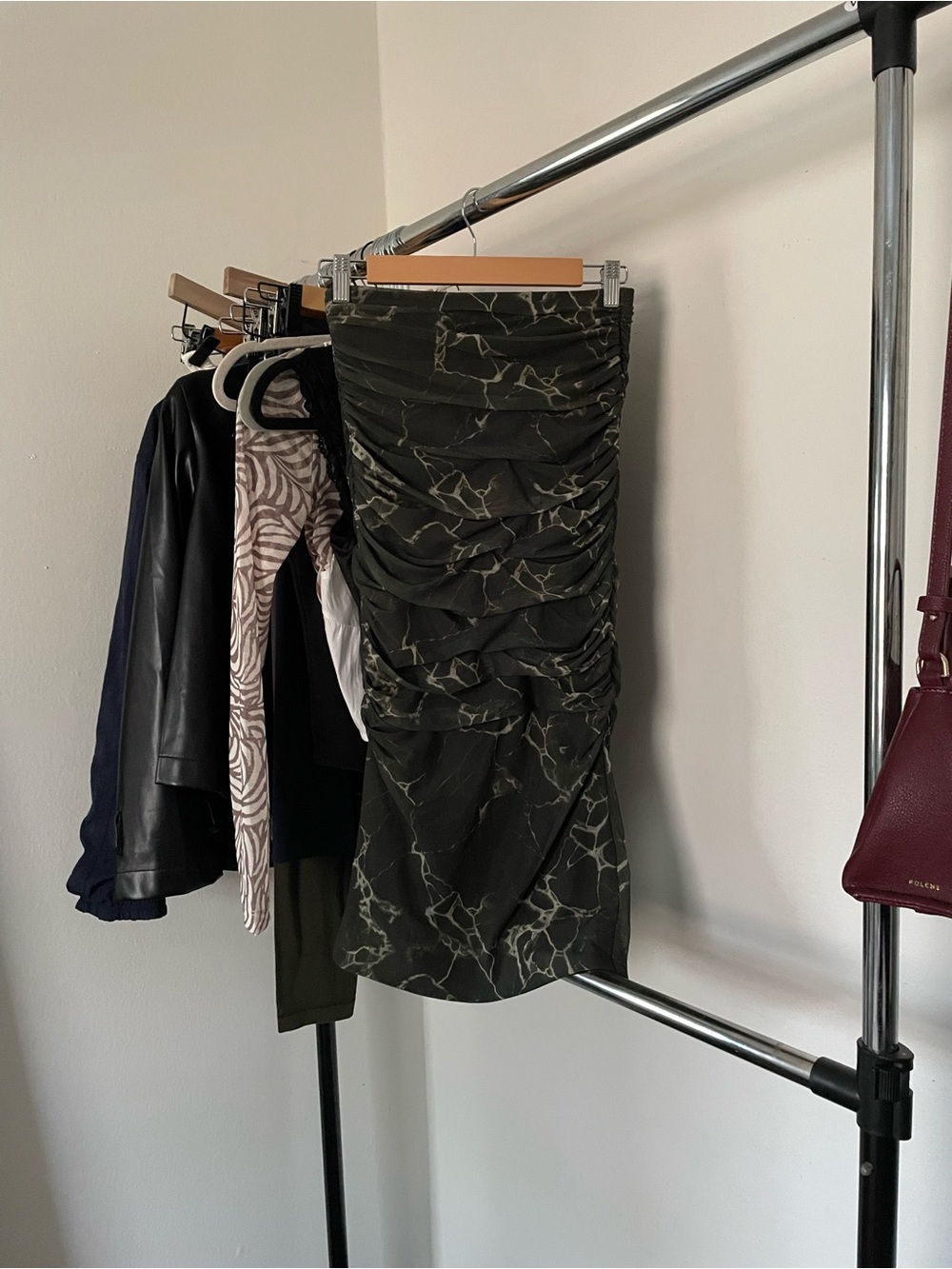 3/$15 Zara Olive Marble-Print Ruched mesh dress